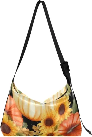Pumpkins Sunflowers Black Tote Bag for Women Large Hobo Bags Crossbody Purse Leather Hobo Bags with Adjustable Strap for Girl