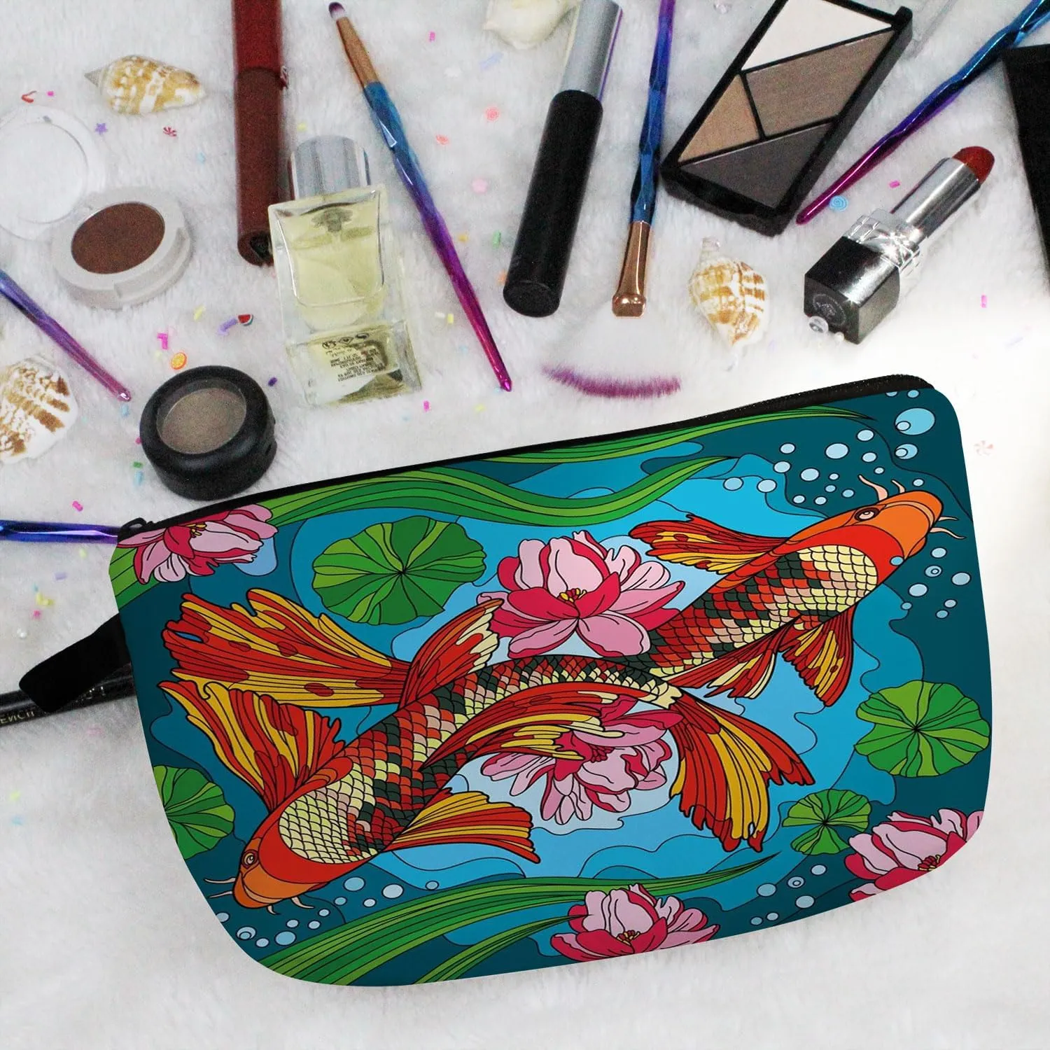 Red Koi Fish Cosmetic Bag Cute Small Organizer Zipper Pouch Lucky Koi Fish Makeup Bag Present for Women Friends Fish Lovers