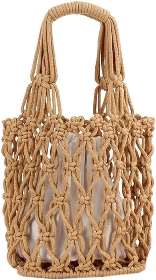 Retro Fashion Hollow Thick Cotton Woven Bags Portable Net Bag Leisure Beach Bucket Bag Summer Totes Mesh Bags, One Color, One Size