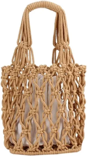 Retro Fashion Hollow Thick Cotton Woven Bags Portable Net Bag Leisure Beach Bucket Bag Summer Totes Mesh Bags, One Color, One Size