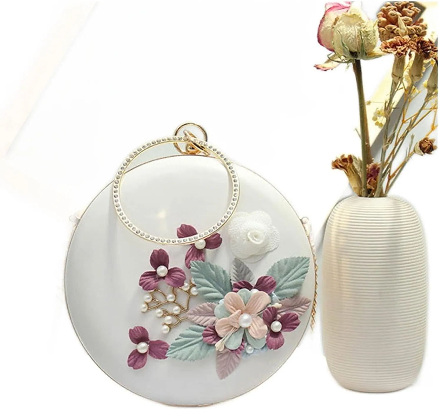 Round flower women evening clucth bag chains shoulder crossbody bags metal handle ladies handbags