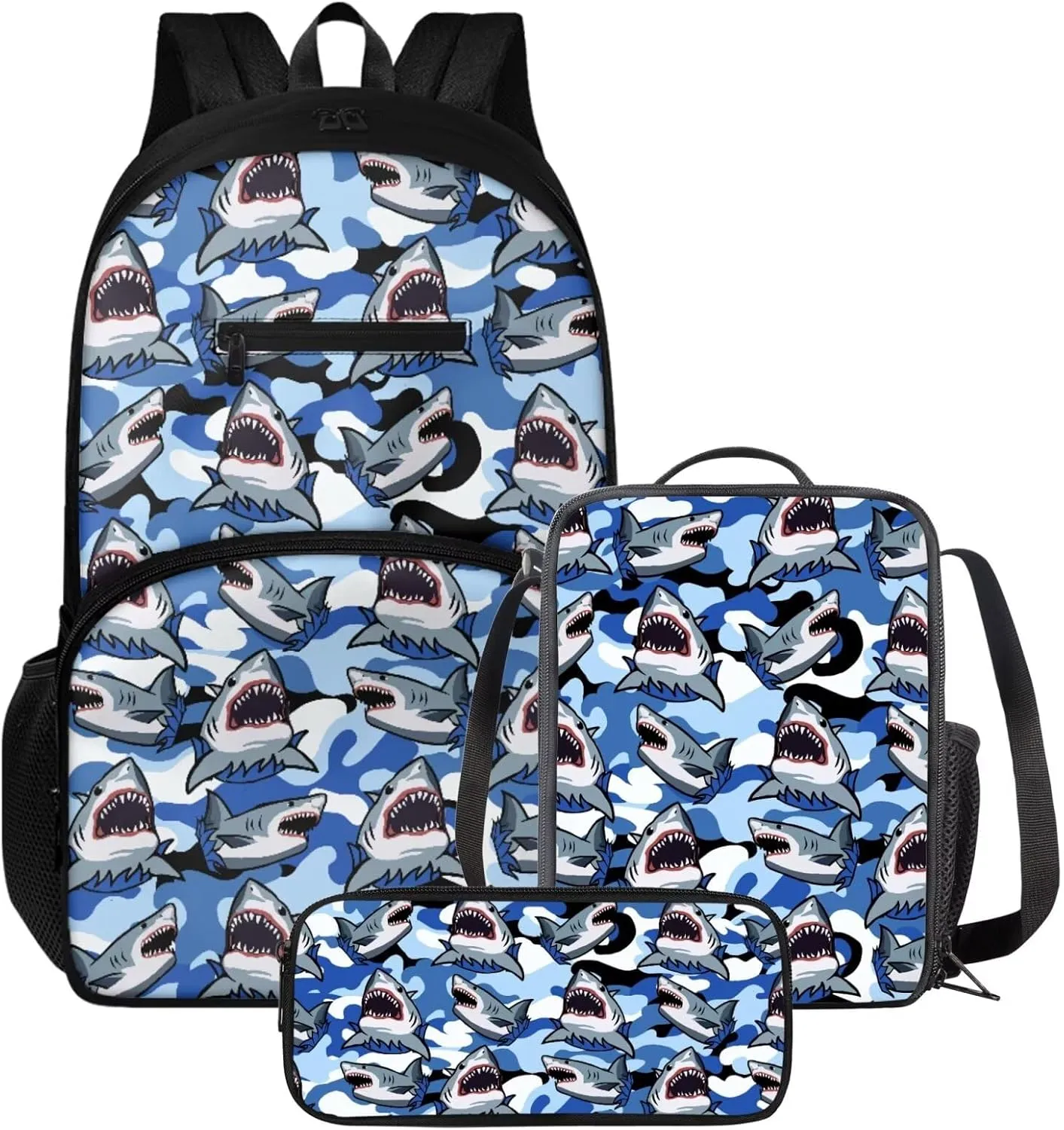 Shark Backpack 3 in 1 Kids Bookbag with Lunch Box Camo School Bag for Boys Pen Case and Large Bookbag for School and Travel 3 Piece Backpack Set