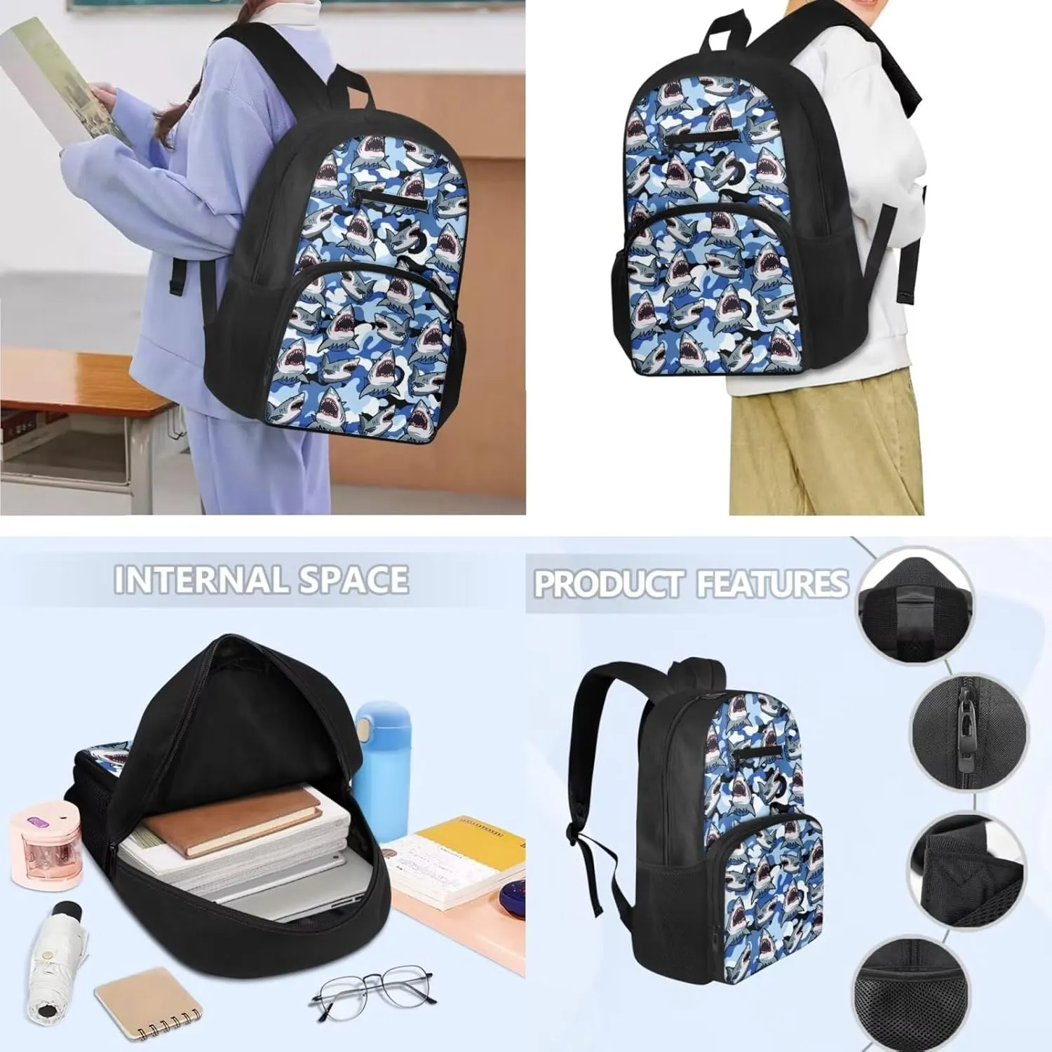 Shark Backpack 3 in 1 Kids Bookbag with Lunch Box Camo School Bag for Boys Pen Case and Large Bookbag for School and Travel 3 Piece Backpack Set