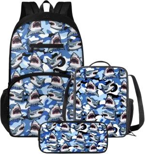 Shark Backpack 3 in 1 Kids Bookbag with Lunch Box Camo School Bag for Boys Pen Case and Large Bookbag for School and Travel 3 Piece Backpack Set