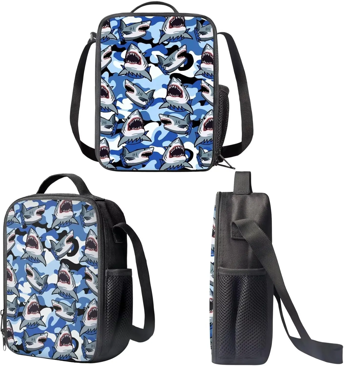 Shark Backpack 3 in 1 Kids Bookbag with Lunch Box Camo School Bag for Boys Pen Case and Large Bookbag for School and Travel 3 Piece Backpack Set