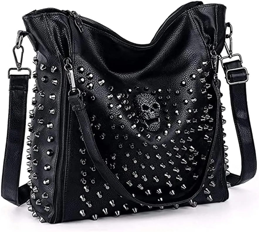 Skull Tote Bags Women Handbags Leather Rivet Purse Shoulder Satchel Cool Ladies Totes Handbag, One Color, One Size
