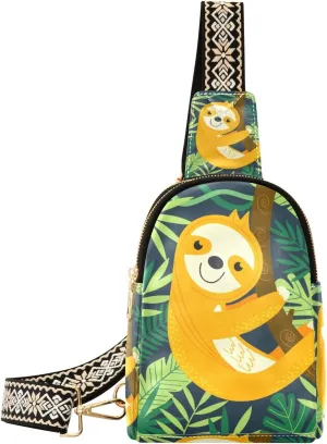 Small Sling Bag Waist Packs Leather Crossbody Packs Chest Bag Yellow Sloth for Women Travel Belt Purse