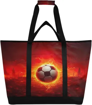 Soccer Fire Ball Tote Bag for Women with Zipper Reusable Grocery Bags Foldable Insulated Cooler Bag Shopping Bags Handbags Totes for Groceries Beach Travel Picnic Work