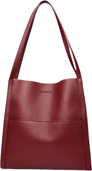 Solid Color Simple Genuine Leather Shoulder Bag, Genuine Leather Bucket Tote Bag, Women Large Capacity Totes Crossbody Bag
