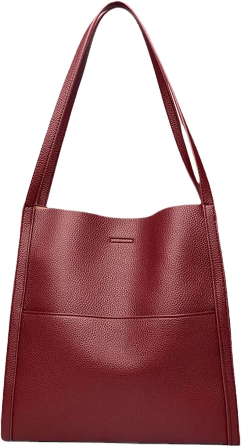 Solid Color Simple Genuine Leather Shoulder Bag, Genuine Leather Bucket Tote Bag, Women Large Capacity Totes Crossbody Bag