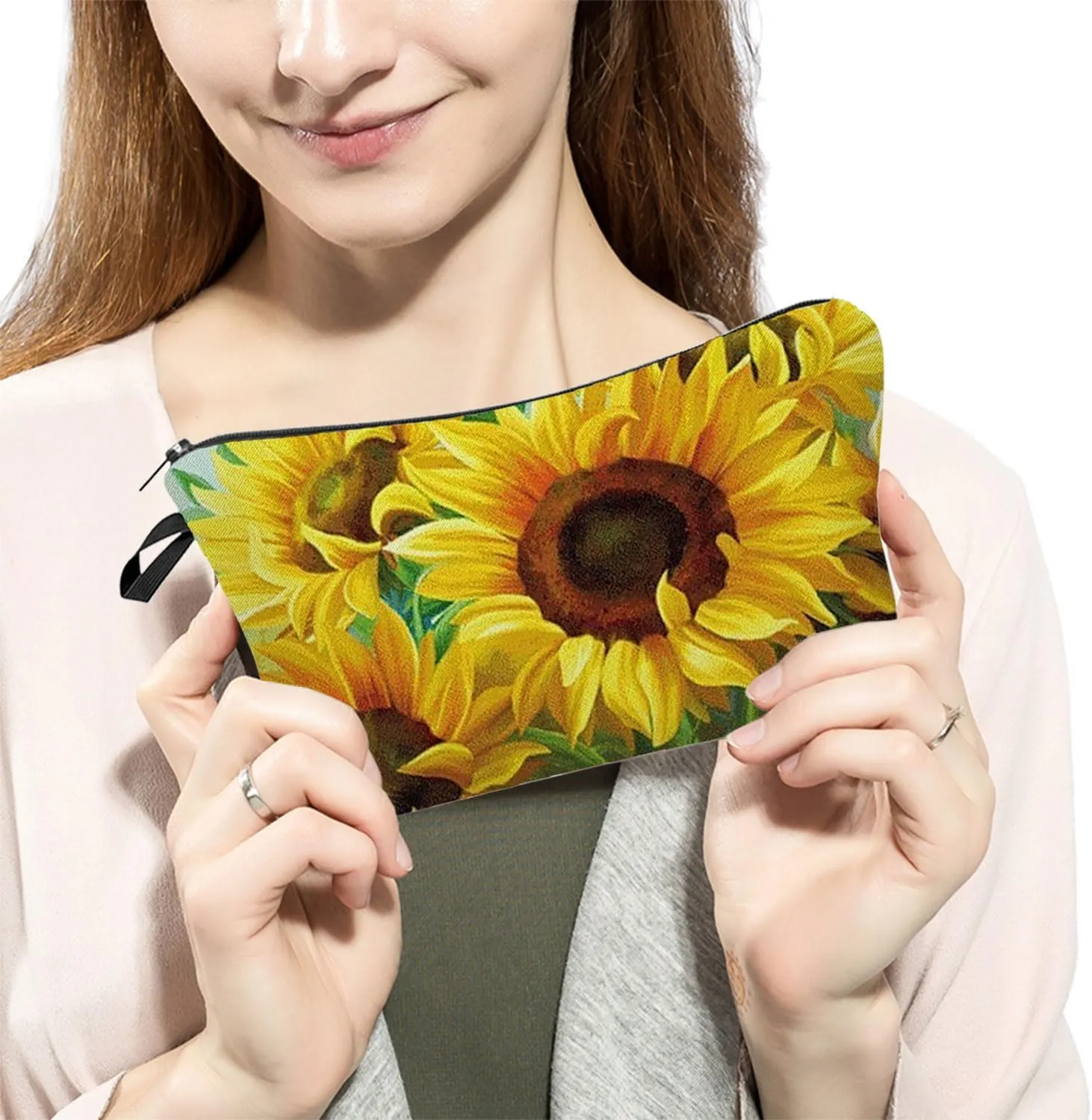 Sunflower Makeup Bag Cute Small Makeup Organizer Bag Travel Toiletry Zipper Pouch Sunflower Gifts Sunflower Cosmetic Bag for Women Sunflower Lovers