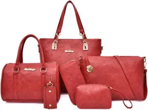 Synthetic PU Leather Tote for Women Satchel Crossbody Hobo 6pcs Handbags Shoulder Wallet Card Nail Clipper Bag-Red