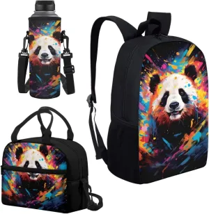 Tie-dye Panda Print Backpack for Boys Girls Back to School Shoulder Bookbags, Insulated Thermal Lunch Totes, Cooler Water Bottle Sleeve, 3pcs/set
