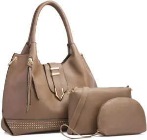 Tote Handbag for Women Pu Leather Rivets Shoulder Crossbody Bag Satchel Clutch Purses 3 Pcs Set