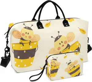 Travel Duffle Bag, Cute Cartoon Bees The Buckets Of Honey Gym Bag with Storage Bag Weekender Overnight Bag for Men Women Trip Sports Yoga