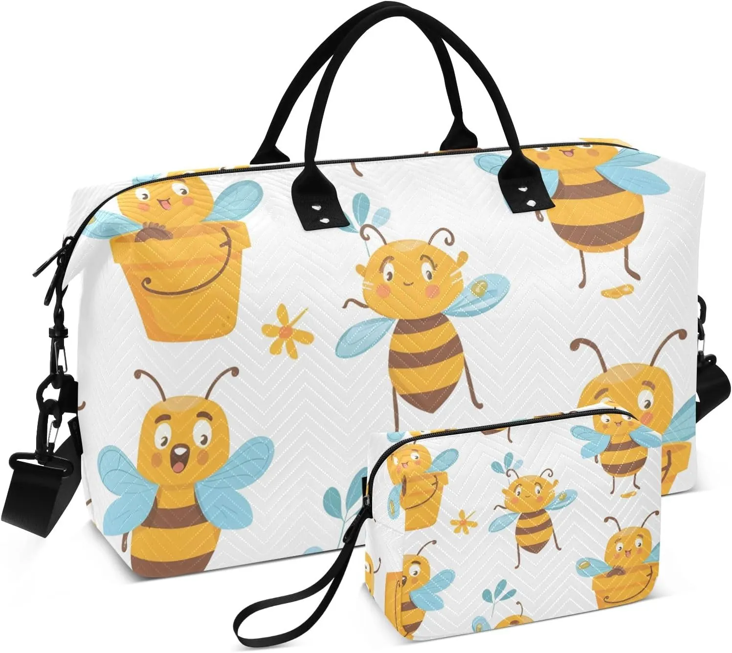 Travel Duffle Bag, Cute Cartoon Bees with The Buckets Of Honey Gym Bag with Storage Bag Weekender Overnight Bag for Men Women Trip Sports Yoga