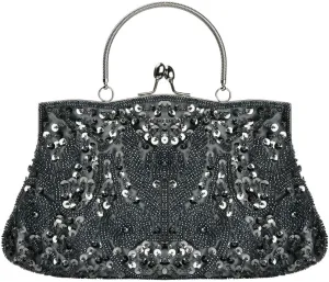 Vintage Evening Bag Women Clutch Metal Handle Handbags with Tiny Glass Beads Party Purse Pink Designer Bag (Color : Gray, Size : One Size)