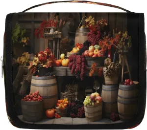 Vintage Fruits Wooden Buckets Hanging Toiletry Bag Women Men Travel Toiletry Bag with Hanging Hook Organizer Cosmetic Bag Kit Waterproof Makeup Shaving Bag for Business Holiday