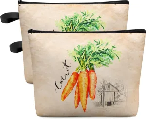 Watercolor Carrot Cosmetic Bags for Women, Farm Vegetables Retro Kraft Paper Textured Small Makeup Bag for Purse, Waterproof Travel Toiletry Bag Accessories Organizer, 2PCS