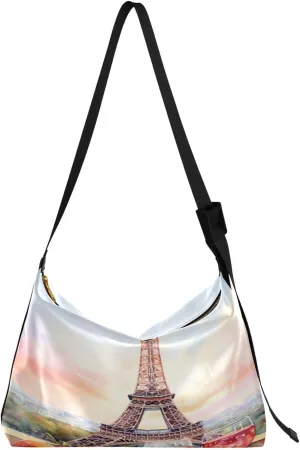 Watercolor Romantic Paris Painting Tote Bag for Women Large Hobo Bags Crossbody Shoulder Bag Leather Bags with Adjustable Strap for Men