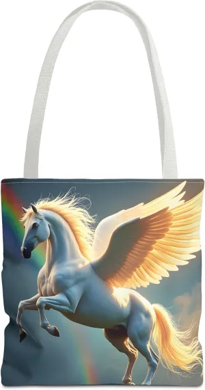 White Pegasus Tote Bag- Colorful Fantasy Art Beach Bag for Girls, Pretty Horse Reusable Shopping Bags, Fun Kids Travel Totes