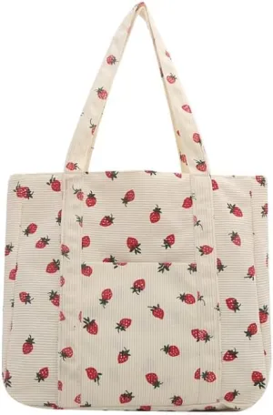Women's Aesthetic Handbags - Strawberry Print Tote Bag, Strawberry Print Canvas Tote Bag, Casual Hobo Handbag with Zipper
