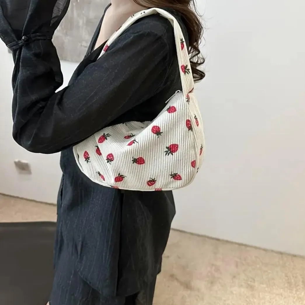 Women's Aesthetic Handbags - Strawberry Print Tote Bag, Strawberry Print Canvas Tote Bag, Casual Hobo Handbag with Zipper