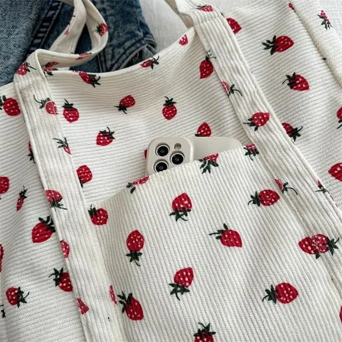 Women's Aesthetic Handbags - Strawberry Print Tote Bag, Strawberry Print Canvas Tote Bag, Casual Hobo Handbag with Zipper
