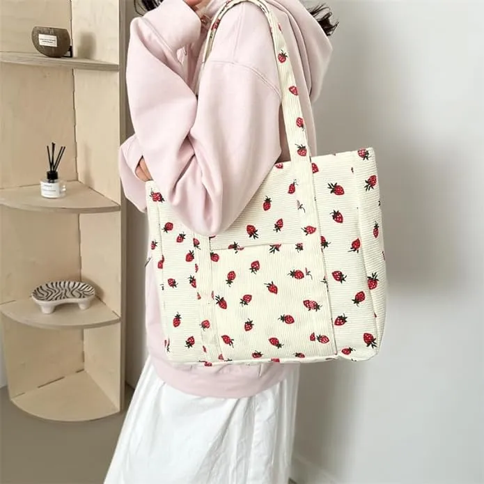 Women's Aesthetic Handbags - Strawberry Print Tote Bag, Strawberry Print Canvas Tote Bag, Casual Hobo Handbag with Zipper