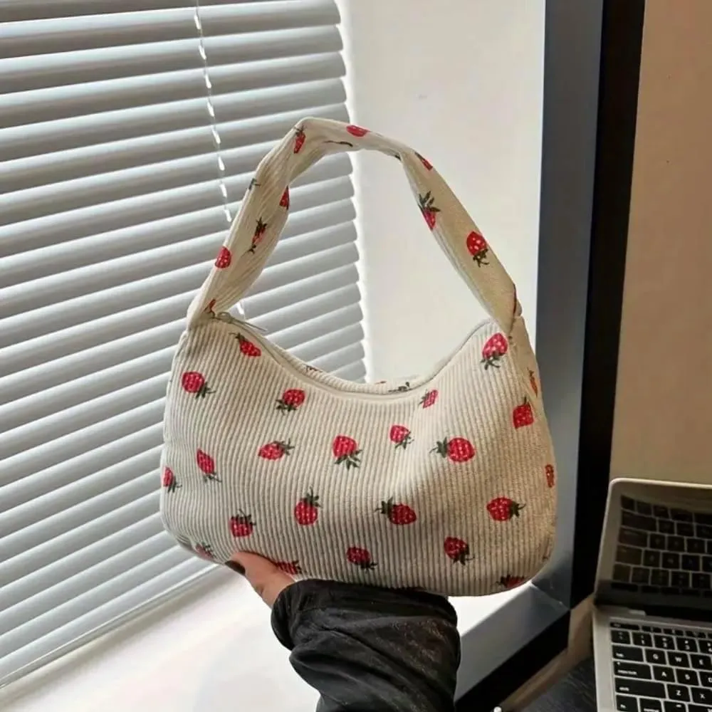 Women's Aesthetic Handbags - Strawberry Print Tote Bag, Strawberry Print Canvas Tote Bag, Casual Hobo Handbag with Zipper