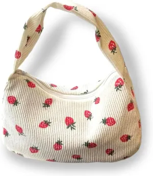 Women's Aesthetic Handbags - Strawberry Print Tote Bag, Strawberry Print Canvas Tote Bag, Casual Hobo Handbag with Zipper