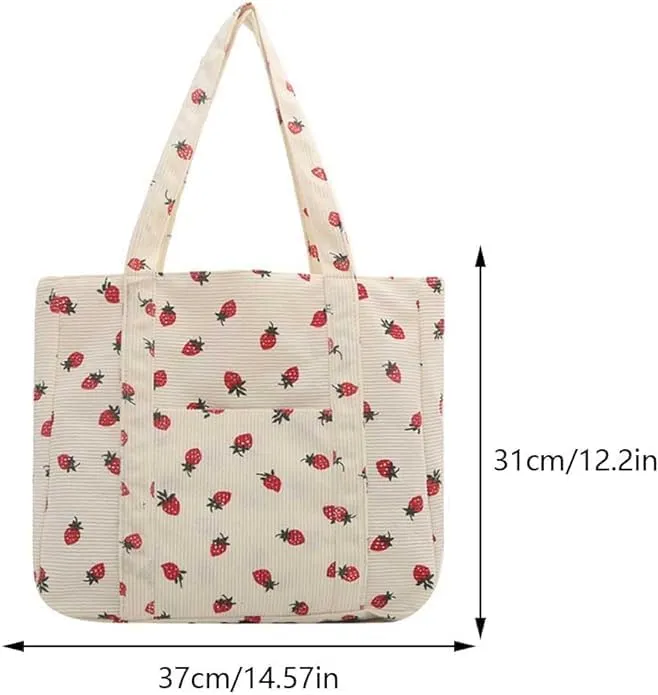 Women's Aesthetic Handbags - Strawberry Print Tote Bag, Strawberry Print Canvas Tote Bag, Casual Hobo Handbag with Zipper