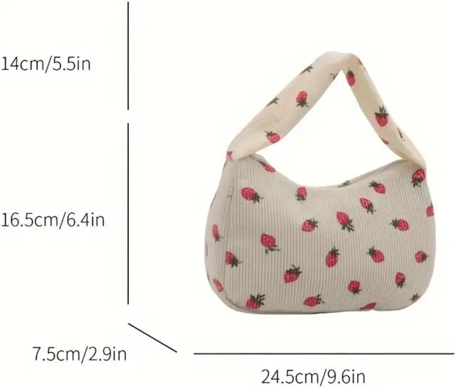 Women's Aesthetic Handbags - Strawberry Print Tote Bag, Strawberry Print Canvas Tote Bag, Casual Hobo Handbag with Zipper