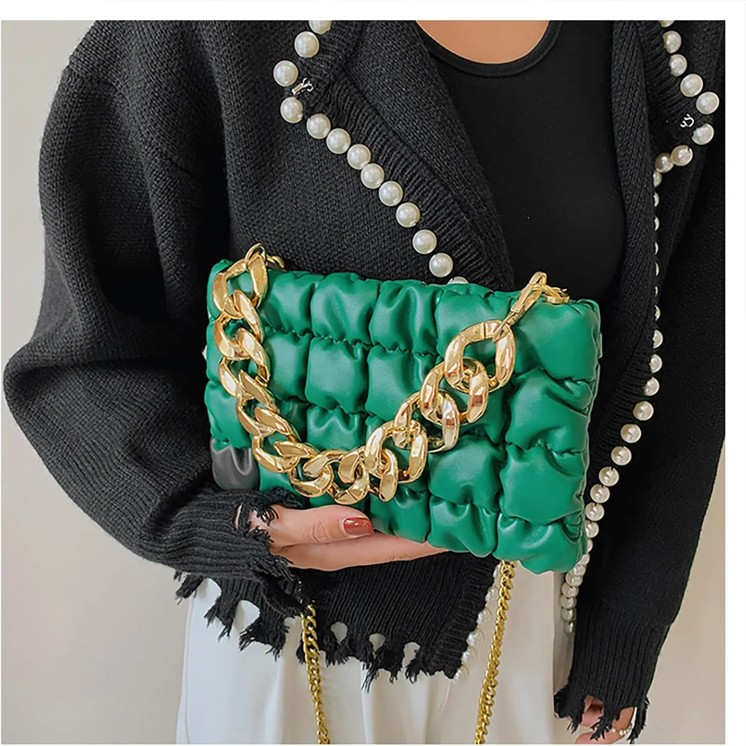 Women's Handheld PU Texture Shoulder Crossbody Bag with Chain Strap Stylish Clutch Purse Bubble Totes Hobo Messenger Bag