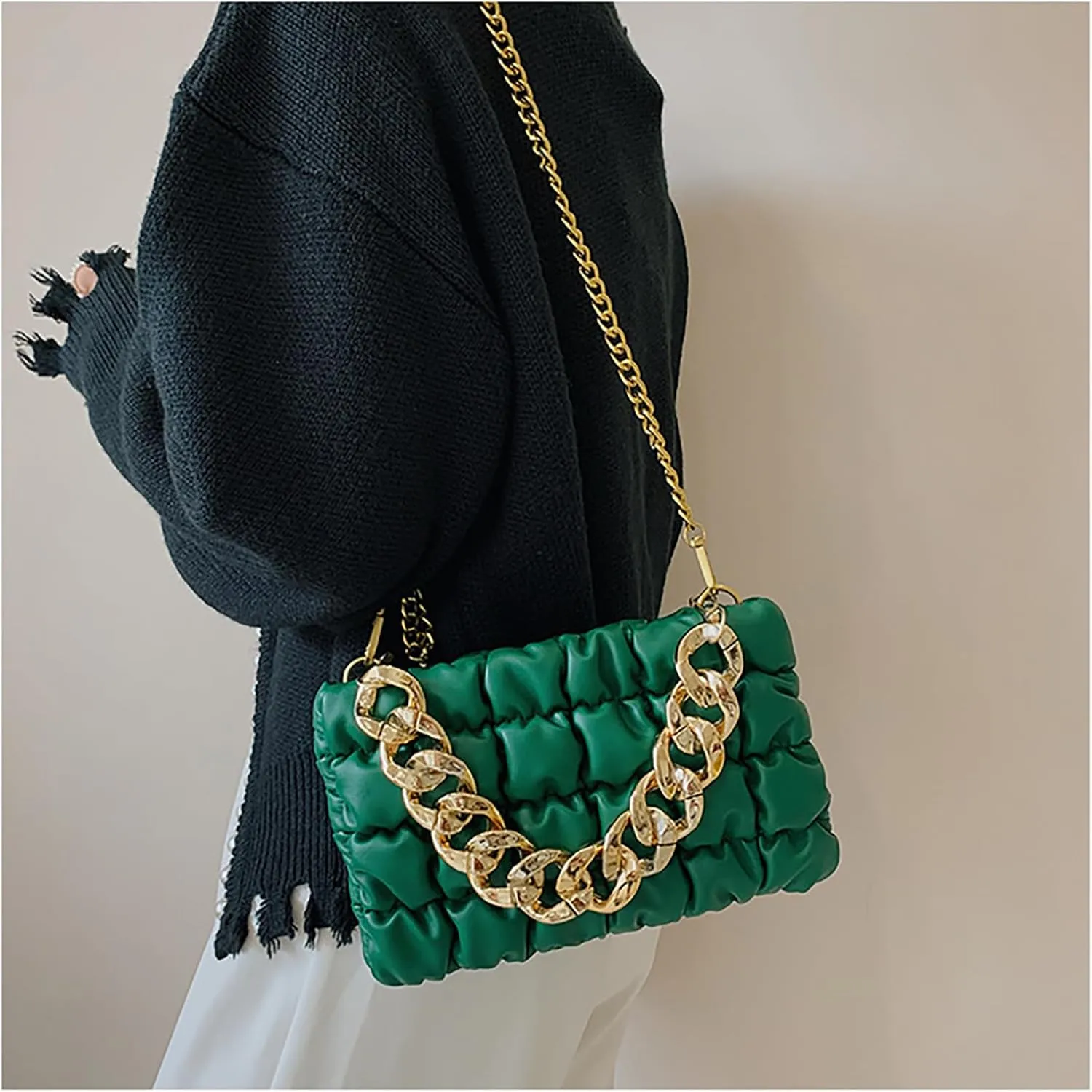Women's Handheld PU Texture Shoulder Crossbody Bag with Chain Strap Stylish Clutch Purse Bubble Totes Hobo Messenger Bag