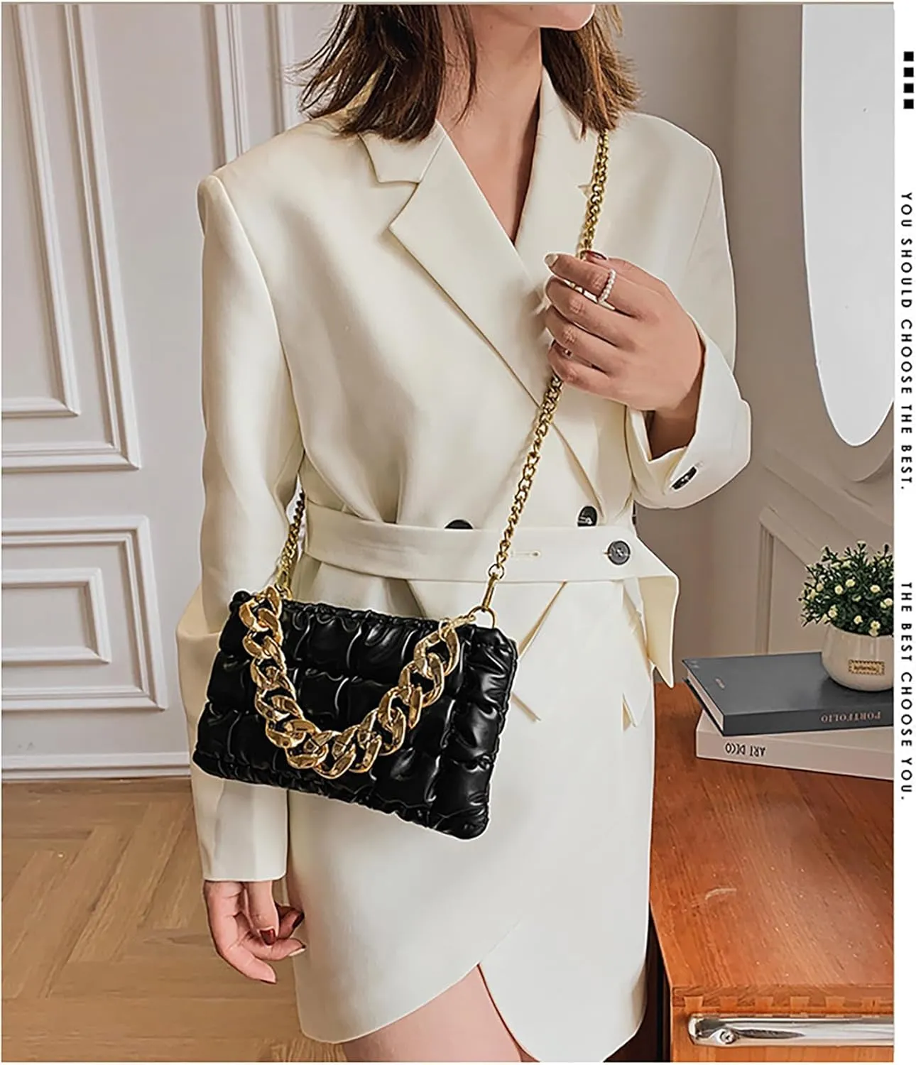Women's Handheld PU Texture Shoulder Crossbody Bag with Chain Strap Stylish Clutch Purse Bubble Totes Hobo Messenger Bag
