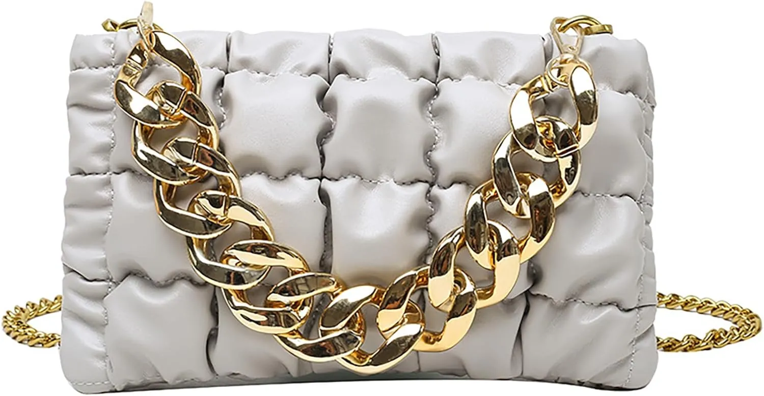 Women's Handheld PU Texture Shoulder Crossbody Bag with Chain Strap Stylish Clutch Purse Bubble Totes Hobo Messenger Bag