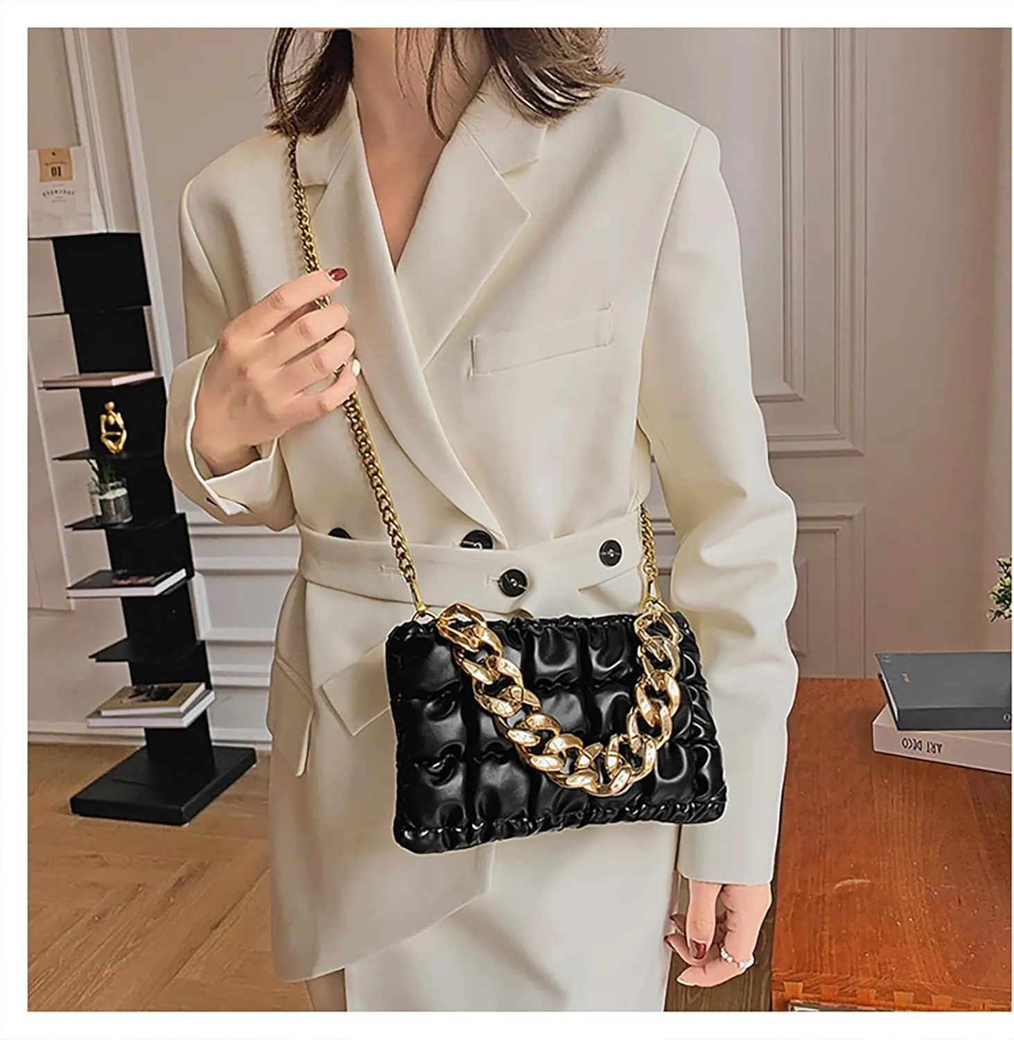 Women's Handheld PU Texture Shoulder Crossbody Bag with Chain Strap Stylish Clutch Purse Bubble Totes Hobo Messenger Bag