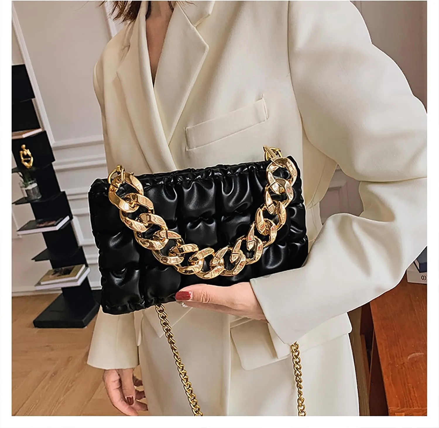 Women's Handheld PU Texture Shoulder Crossbody Bag with Chain Strap Stylish Clutch Purse Bubble Totes Hobo Messenger Bag