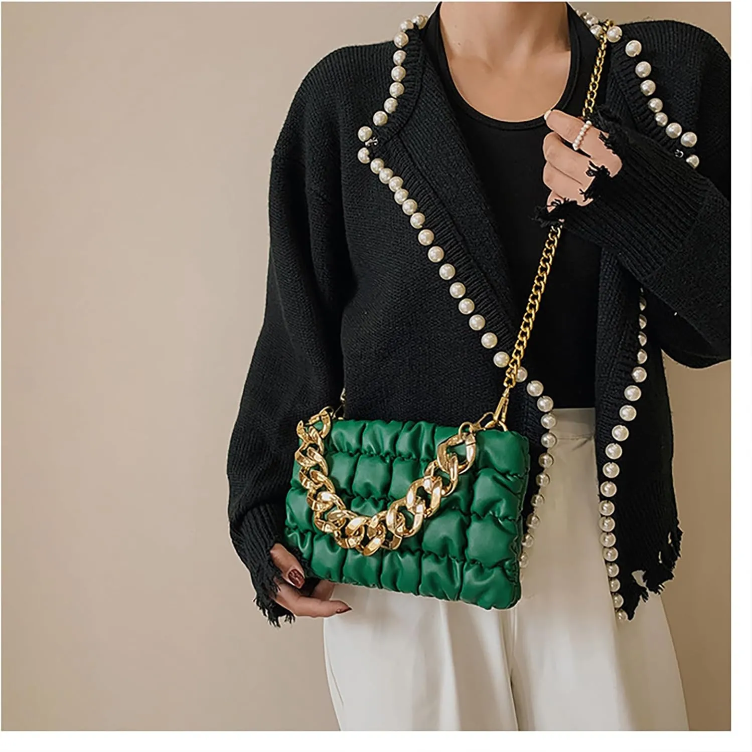 Women's Handheld PU Texture Shoulder Crossbody Bag with Chain Strap Stylish Clutch Purse Bubble Totes Hobo Messenger Bag