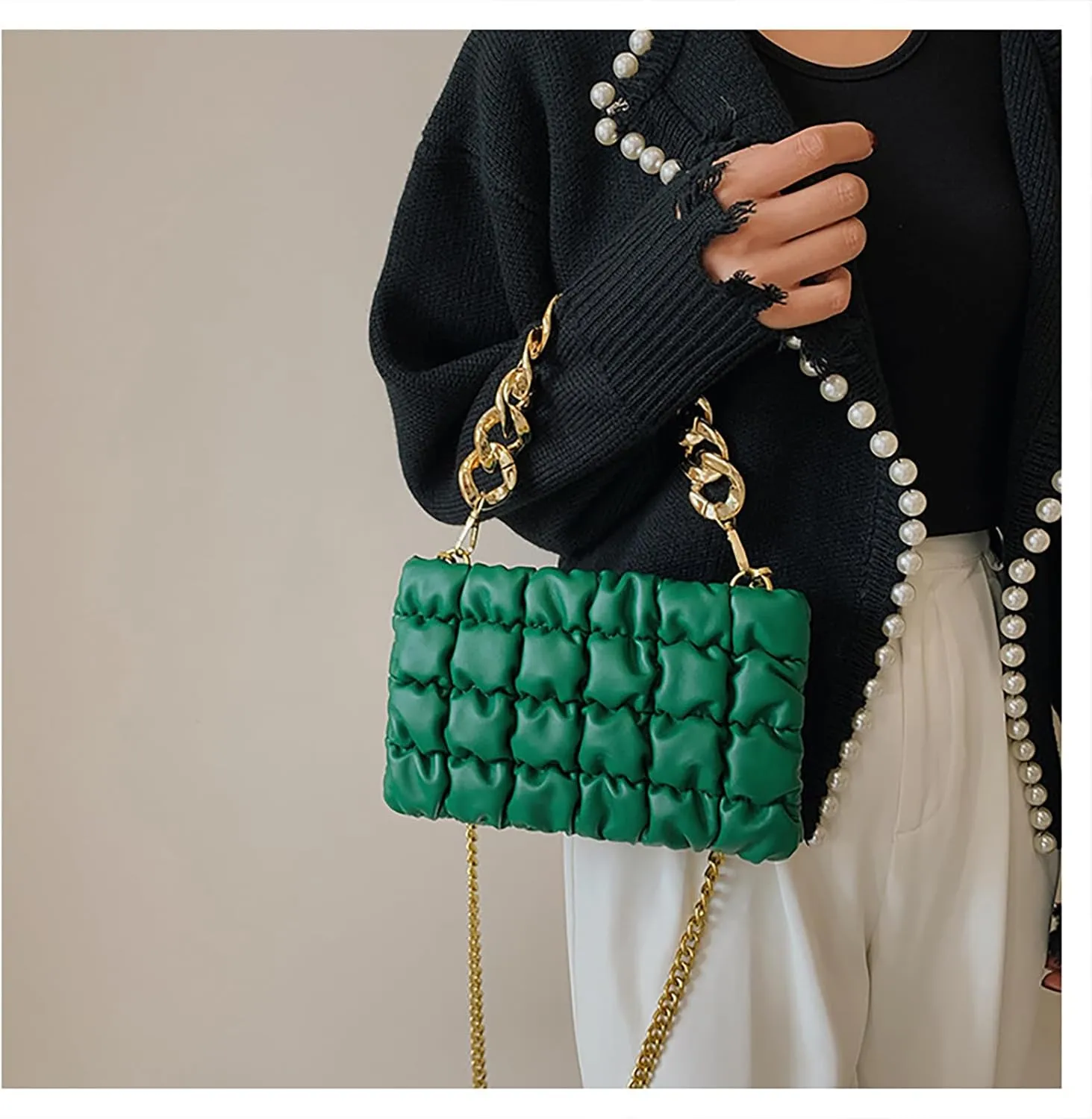 Women's Handheld PU Texture Shoulder Crossbody Bag with Chain Strap Stylish Clutch Purse Bubble Totes Hobo Messenger Bag