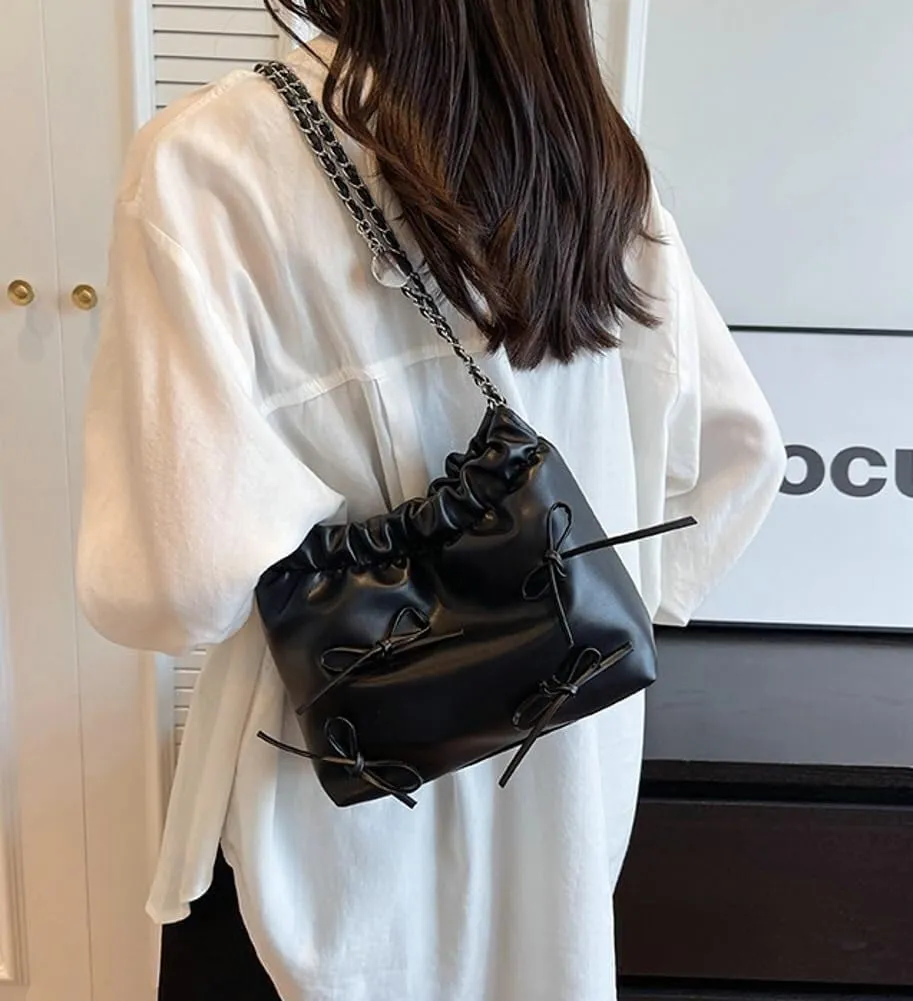 Women's Soft PU Leather Shoulder Bag Y2K Bow Bucket Totes Hobo Handbag Fashion Purse Satchel with Chain Well made