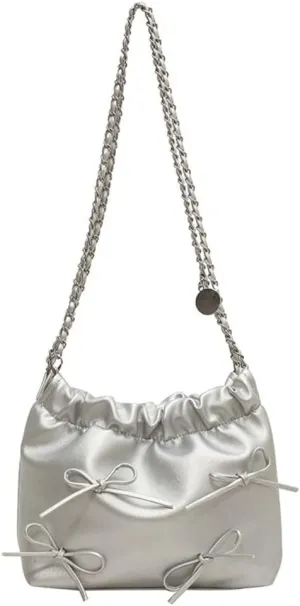 Women's Soft PU Leather Shoulder Bag Y2K Bow Bucket Totes Hobo Handbag Fashion Purse Satchel with Chain Well made