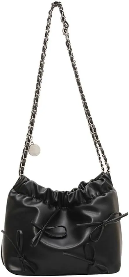 Women's Soft PU Leather Shoulder Bag Y2K Bow Bucket Totes Hobo Handbag Fashion Purse Satchel with Chain Well made
