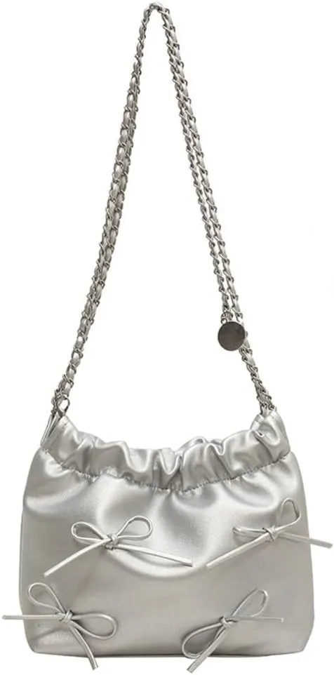 Women's Soft PU Leather Shoulder Bag Y2K Bow Bucket Totes Hobo Handbag Fashion Purse Satchel with Chain Well made