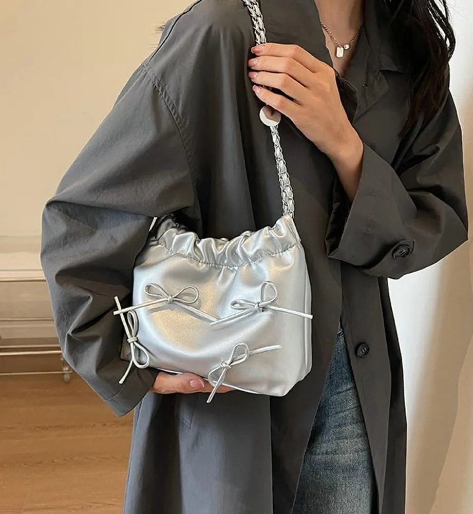 Women's Soft PU Leather Shoulder Bag Y2K Bow Bucket Totes Hobo Handbag Fashion Purse Satchel with Chain Well made