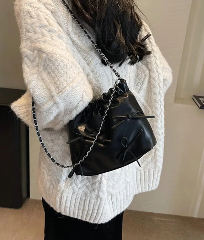 Women's Soft PU Leather Shoulder Bag Y2K Bow Bucket Totes Hobo Handbag Fashion Purse Satchel with Chain Well made