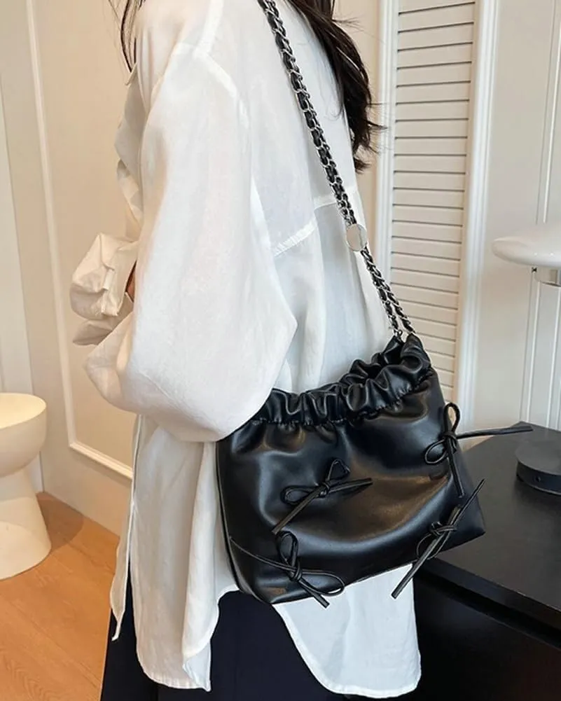 Women's Soft PU Leather Shoulder Bag Y2K Bow Bucket Totes Hobo Handbag Fashion Purse Satchel with Chain Well made