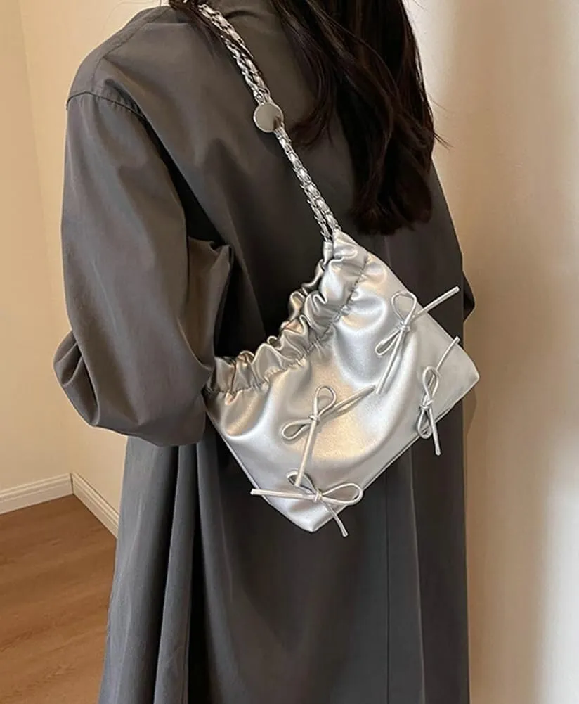 Women's Soft PU Leather Shoulder Bag Y2K Bow Bucket Totes Hobo Handbag Fashion Purse Satchel with Chain Well made
