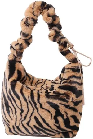 y2k Cheetah Handbags for Women, Cute Hobo Bag Shoulder Bag Aesthetic Grunge Fuzzy Sling Purse Leopard Print Purse (Khaki zebra)